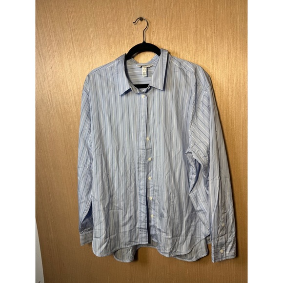 SPANX Tops - SPANX Womens 1X 1T Striped Cotton Button Down Shirt Blue White Long Sleeve Top